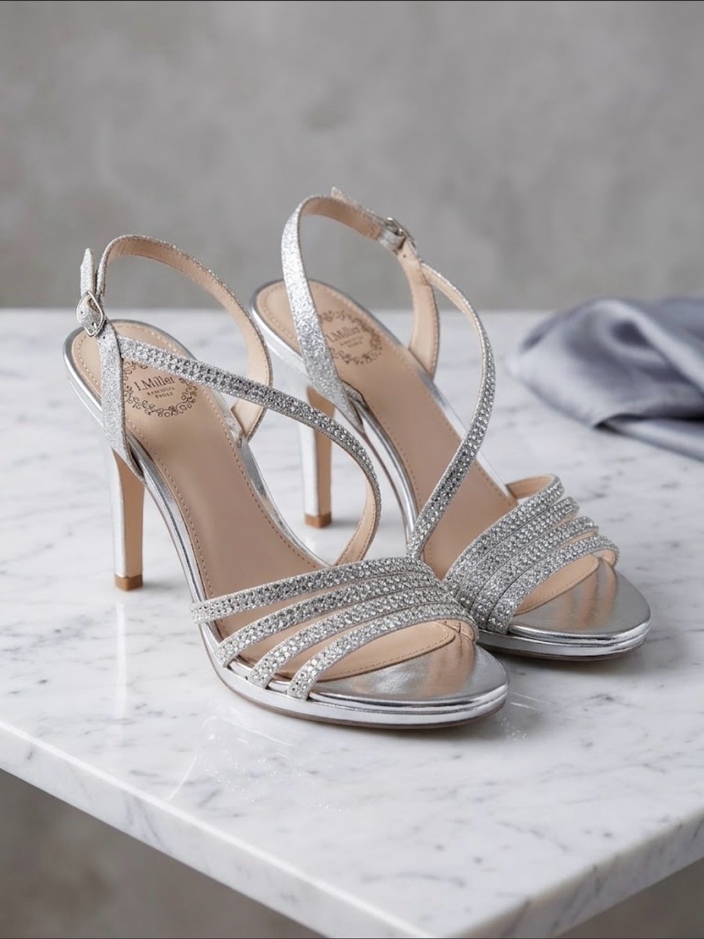 Women's Silver Strappy High Heel Sandals with Sparkle Detail